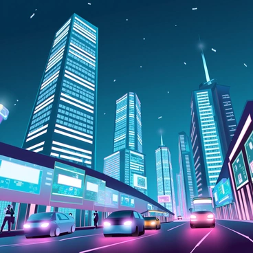 A bustling cityscape at night featuring tall illuminated skyscrapers with glowing windows. The streets below are filled with vibrant traffic, including futuristic vehicles with bright headlights and neon underglow. Pedestrians can be seen walking along the sidewalks, some engaging with holographic advertisements projecting above the street. The sky is deep blue, sprinkled with distant stars, while the city lights create a lively atmosphere filled with energy and movement.
