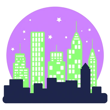 A city skyline at night showcases an array of towering skyscrapers. The buildings are adorned with numerous lit windows, creating a vibrant pattern against the night sky. Above the skyline, the stars are scattered, adding a sense of depth to the scene. The foreground features silhouettes of smaller buildings, providing contrast to the towering structures in the background. The overall composition captures the bustling energy of the city illuminated by night.