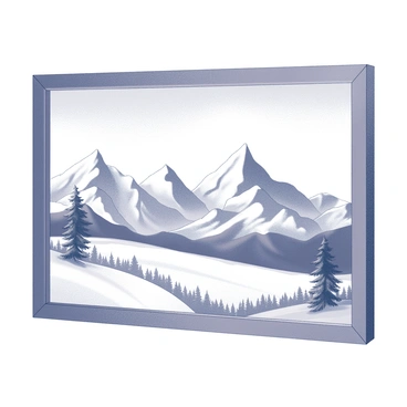 A framed winter scene displaying a panoramic view of snow-capped mountains. The peaks are rugged and prominent, showcasing their sharp contrasts against the brightness of the clear sky. The foreground includes a blanket of pristine snow covering the ground, with the sun casting distinct shadows from the mountain ranges. There are no trees or other distractions, allowing the focus to remain solely on the grandeur of the mountains and the vastness of the open sky.