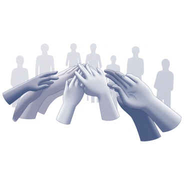 A diverse group of hands of varying skin tones and sizes are positioned together, forming an arching shape that resembles a bridge. Each hand is distinct, showcasing different fingers and textures, symbolizing unity and support. The hands are clasped tightly at the center, demonstrating strength and collaboration. In the background, there are subtle outlines of people standing together, reinforcing the theme of community.