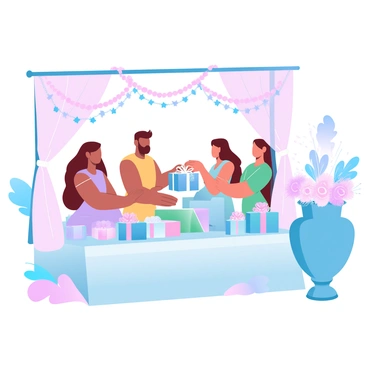 A traditional dowry gift exchange ceremony is taking place in a vibrant setting. A table is arranged with beautifully wrapped gifts in various sizes, adorned with colorful ribbons and floral patterns. Surrounding the table are decorative elements, including bright fabric drapes hanging from above and intricate garlands of flowers. People are gathered around the table, each dressed in colorful attire, as they present and receive the gifts. A large decorative pot filled with flowers is placed prominently to one side, adding to the festive atmosphere.