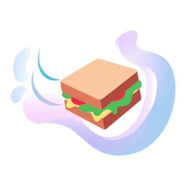 A colorful cartoon representation of a bite of food shaped like a chunk of a sandwich. The sandwich is vibrant with layers of lettuce, tomato, and cheese. The bite of food is shown in motion, with lines indicating movement as it travels through a curved, smooth esophagus. The esophagus is illustrated in soft, gradient pastel colors, providing a gentle, flowing appearance. The background features a subtle hint of the throat area, enhancing the sense of the journey taking place.