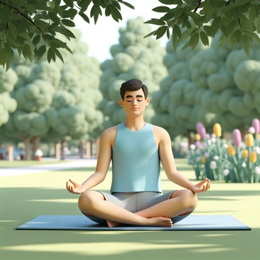 A relaxed man, wearing a light blue tank top and grey shorts, is practicing yoga on a dark blue mat. He is seated in a cross-legged position with his hands resting on his knees, eyes closed, and a peaceful expression on his face. The park is filled with tall green trees that provide shade, and soft grass is visible around the mat. In the background, vibrant wildflowers add splashes of color, while a gentle breeze causes the leaves to sway. The sunlight filters through the branches, creating dappled patterns on the ground.