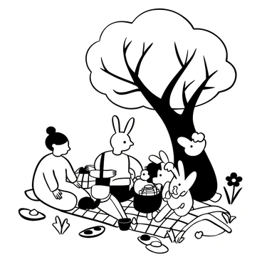 A rabbit family sitting on a checkered blanket spread out on the grass. There are two adult rabbits and three small rabbits gathered around a picnic basket filled with sandwiches and a jug of lemonade. The big tree towers over them, its branches providing shade. A few colorful plates with half-eaten sandwiches are scattered around the blanket, and a couple of cups are placed beside the jug. Some wildflowers are growing nearby, adding detail to the scene.