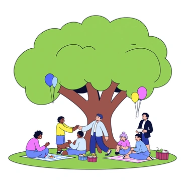 A large tree with a thick trunk and a wide canopy provides shade for a community picnic. A group of diverse people, including men and women of various ages, are gathered beneath the tree. Two individuals are shaking hands, smiling at each other, while others are engaged in conversation nearby. Picnic blankets are spread on the grass, and picnic baskets filled with food are scattered around. Colorful balloons are tied to nearby branches, adding a festive touch to the scene.
