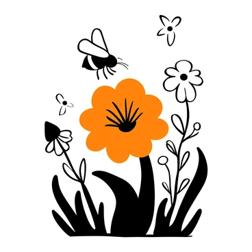 A busy bee hovering above a "vibrant orange ranunculus" with its petals fully opened, showcasing intricate details of the flower. The bee is depicted in mid-flight, with its wings outstretched and legs extended toward the flower, ready to collect nectar. Surrounding the flower, there are various grass blades and smaller wildflowers, creating a sense of a spring meadow. The background features additional blooms and foliage, enhancing the sense of a lively and flourishing environment.