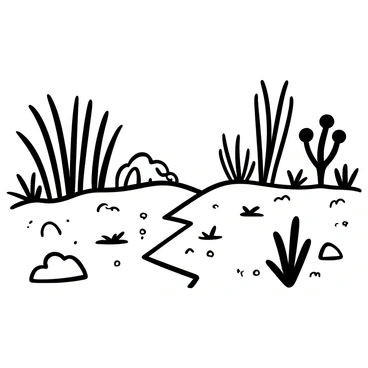 A rugged landscape depicting "different types of vegetation" growing along a "normal fault line." On one side of the fault, there are tall grasses swaying gently, with some bushes scattered among them. On the opposing side, there are clusters of hardy shrubs and small trees with twisted trunks. The ground is uneven, marked by cracks and small boulders. The fault line is visibly defined, creating a stark contrast in the types of vegetation on either side. Small wildflowers peek through the soil in various spots, adding texture to the scene.
