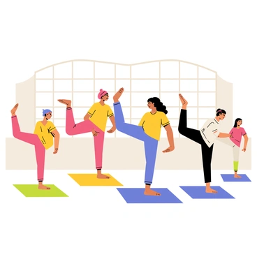 A group of five diverse individuals in a yoga class are positioned on colorful mats, performing synchronized leg raises. Each person has a unique appearance, showcasing different hair colors and styles. They are all wearing comfortable athletic clothing in vibrant colors, with two individuals wearing headbands. In the background, there are large windows allowing natural light to pour in, illuminating the serene indoor space. The atmosphere conveys focus and harmony as they engage in the exercise together, their legs raised at the same angle. Each person maintains a determined expression, reflecting the intensity of their practice.