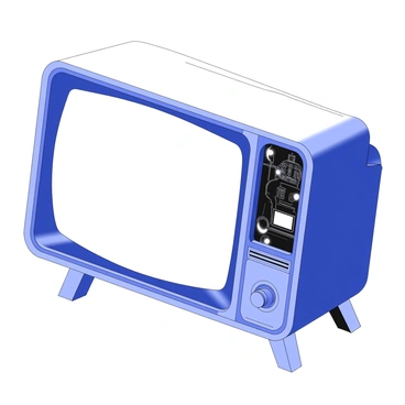 A vintage cathode ray tube television is displayed prominently on a wooden stand. The screen of the television is slightly curved, showcasing the depth of the glass. Inside the television, visible electron beams illuminate as they travel towards the screen. The back of the television reveals intricate wiring and components, emphasizing the technology from its era. The body of the television features rounded edges and a glossy finish, showing signs of age. There are knobs for volume and channel selection on the front panel, adding to the retro aesthetic.