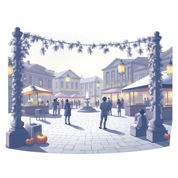 A town square bustling with activity during a harvest festival. The square is adorned with "autumn garlandes" made of dried leaves and small pumpkins, draping elegantly across the stone walkways. Several "lanterns" are positioned around, casting soft illumination and creating a warm atmosphere as dusk approaches. In the background, there are "vendors" selling seasonal produce, and a "fountain" at the center of the square adds to the charm of the scene. People are gathered, enjoying the festive ambiance, with some engaged in conversations and others sampling food from nearby stalls.