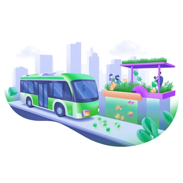 An electric bus moving along a city street, showcasing a sleek design with large windows and a vibrant green body. The bus is passing a bustling urban rooftop garden that features a variety of colorful flowers, leafy plants, and small trees. People can be seen tending to the garden, watering plants and enjoying the greenery. In the background, the skyline of the city is visible, with tall buildings and a clear blue sky. The scene captures a moment of harmony between urban transportation and green spaces.