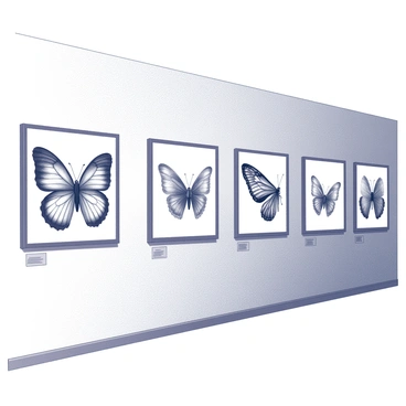A wall in an art gallery featuring a collection of butterfly-themed paintings. Each painting displays different species of butterflies in various poses and positions. The paintings are framed and evenly spaced, showcasing a variety of sizes and styles. The gallery lighting highlights the intricate details of the butterflies, drawing attention to their wings and colors. The wall surface is textured, and there are small labels beneath each painting providing information about the featured butterflies.