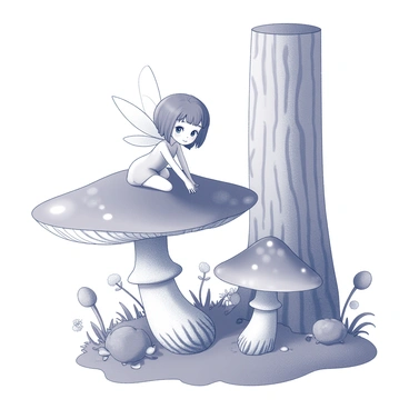 A small fairy with delicate, translucent wings is resting on a large mushroom. The mushroom has a wide, rounded cap and thick stem, appearing textured and detailed. Surrounding the mushroom, there are various plants and foliage characteristic of an enchanted forest. The fairy's features are subtle and ethereal, with a gentle expression on her face. The forest backdrop includes towering trees with intricate bark patterns and a carpet of soft leaves at the ground level, creating a sense of depth and natural beauty.