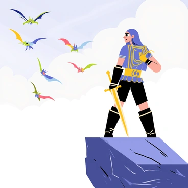 A legendary warrior with long flowing hair and intricate armor stands confidently on a rocky cliff. The warrior holds a gleaming sword in one hand, and the sunlight glints off the blade. In the background, a vast horizon stretches out, where several colorful dragons soar gracefully through the sky. The dragons are depicted with large wings and vibrant scales, gliding above fluffy white clouds. The scene conveys a sense of adventure and bravery as the warrior gazes out at the majestic creatures flying in the distance.