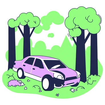 A car crashed against a large tree in a dense forest