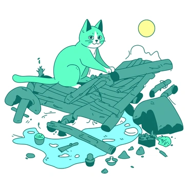 A teal Puss in Boots is skillfully assembling a raft using various wooden logs and vines at the edge of a white bubbling river. The river is flowing energetically, with splashes of water rising around the rocks. The cat is balancing carefully while tying the logs together, wearing a determined expression. Nearby, there are scattered tools and supplies, including a small knife and a few more logs waiting to be used. The sun is shining brightly above, illuminating the scene.