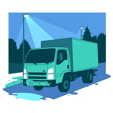 A teal delivery truck is positioned at an angle with visible front damage from a crash. The truck's headlights are illuminated, casting a bright light onto the surrounding area. There are several white streetlights overhead, providing additional illumination and creating a stark contrast against the night sky. The ground is wet, reflecting the light and creating a glimmering effect. In the background, there are silhouettes of trees and buildings, adding to the nighttime setting.