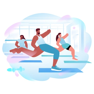 A personal trainer is in a spacious gym setting, demonstrating glute kickbacks to a small fitness class. The trainer is wearing athletic gear, including a fitted tank top and leggings, showing a focused posture while performing the exercise. The fitness class consists of a few participants, each in workout attire, closely following the trainer's movements. The environment features exercise mats on the floor and various fitness equipment in the background, such as dumbbells and resistance bands. Bright, gradient pastel colors fill the scene, creating an energetic atmosphere for the workout.