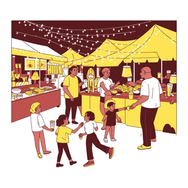 A lively night market bustling with people, colorful stalls, and twinkling fairy lights overhead.