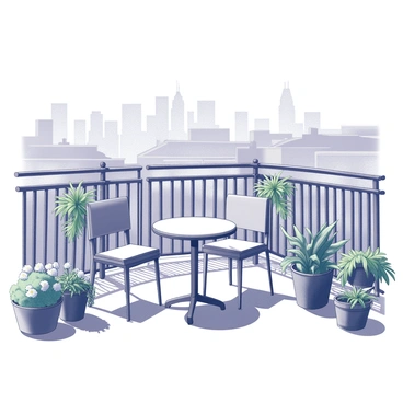 A balcony with a railing decorated with a variety of potted plants. The plants include flowers, leafy greens, and herbs, all arranged on the floor and on the small table. The table is round and positioned in the center of the balcony, with two chairs placed around it. In the background, the view showcases a vibrant city skyline with tall buildings and rooftops. The scene suggests a bright ambiance, with sunlight illuminating the space and casting soft shadows from the plants and furniture.