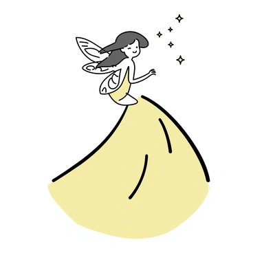A fairy with delicate wings that resemble intricate desert sand patterns is perched gracefully on a towering dune. The fairy has flowing hair that dances gently in the wind, complementing the warm tones of the sandy landscape. The dune rises majestically behind her, its surface shaped by the soft curves of wind-blown sand. The fairy's delicate features are highlighted by the golden sunlight, creating a serene atmosphere. Small grains of sand are caught in the air around her, glimmering like tiny jewels in the light.
