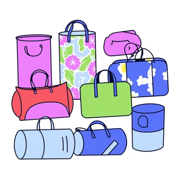 A collage displaying several yoga bags arranged in an organized manner. Each bag features distinct textures such as canvas, leather, and nylon. The colors of the bags vary, including vibrant shades of purple, green, blue, and red. Some bags have patterned designs like floral and geometric shapes, while others are solid colors. Each bag is distinctively shaped, with some being cylindrical and others rectangular. The background is a neutral color to emphasize the diversity of the yoga bags.