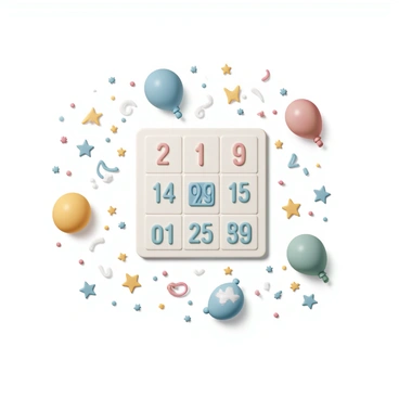 A bingo card, prominently displayed in the center, features a classic 5x5 grid filled with various numbers. Surrounding the card are colorful doodles, including balloons, stars, and confetti, adding a festive touch to the scene. The doodles are drawn in vibrant colors, such as blue, red, yellow, and green, creating a lively atmosphere around the bingo card. The background is a soft, light color that enhances the brightness of the doodles and the card itself.