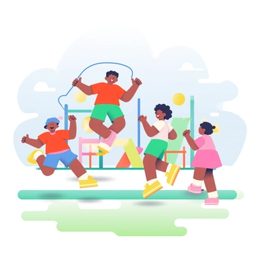 A group of four children with varying skin tones is enthusiastically jumping rope on a sunny school playground. One child wearing a red t-shirt is in mid-air, while another child with curly hair in a blue hat holds the rope, swinging it high. A third child, wearing green shorts and yellow sneakers, is preparing to jump, and the fourth child, in a pink dress, is excitedly counting the jumps. Bright green grass covers the ground, and colorful playground equipment, including slides and swings, is visible in the background under a clear blue sky. Sunlight casts soft shadows on the ground, enhancing the lively atmosphere of the scene.