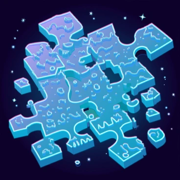 A complex puzzle with numerous floating pieces that appear to shift and rearrange constantly. Each piece features intricate designs of atomic structures, wave patterns, and mathematical symbols representing quantum theory. The background is a deep, starry expanse, with shimmering light effects that suggest a sense of movement and dynamism. Some pieces are partially transparent, allowing glimpses of the cosmic environment behind them. Other pieces interact with each other, creating a visual representation of entanglement and superposition.