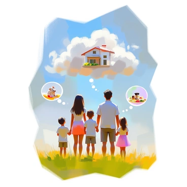 A family of four is standing together in a green field, all gazing up at a large, fluffy cloud shaped like a house in the blue sky. The parents, a mother with dark hair and a father with light hair, are positioned in the center, with two children, a boy and a girl, beside them. Each family member has a thought bubble above their head depicting their individual thoughts. The mother’s thought bubble shows a cozy interior, the father’s bubble features a garden, the boy’s bubble contains a playful puppy, and the girl’s bubble illustrates a fun family picnic. The scene captures a moment of shared imagination and joy.