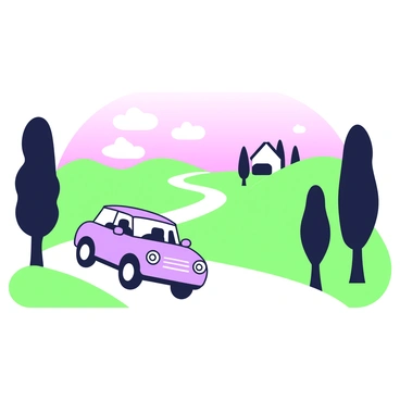 A car is driving down a winding dirt road in a rural setting during twilight. The vehicle is presented from a side angle, showcasing its silhouette against the fading light. In the background, there are rolling hills that transition into a skyline with soft clouds. Silhouettes of trees line the sides of the road, and there is a faint outline of a farmhouse in the distance. The sky is transitioning from light to dark, creating a gradient effect overhead.
