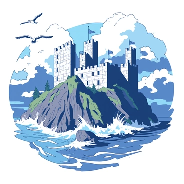 A crumbling castle with weathered stone walls is perched on a high cliff overlooking a turbulent ocean. The castle features several tall, broken towers with flags fluttering in the wind. Waves crash violently against the rocky base of the cliff, sending up sprays of white foam. The sky is filled with dark, ominous clouds, creating a dramatic atmosphere over the scene. Seagulls are flying above the castle, adding movement to the composition.