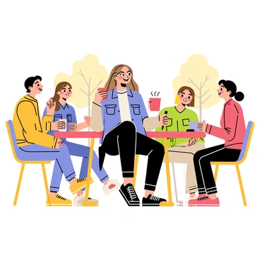 A girl wearing a stylish denim jacket over a white t-shirt, paired with black leggings and trendy sneakers. She has long, wavy hair and a cheerful smile. The girl is sitting at an outdoor café table, holding a steaming cup of coffee. Around her, there are three friends, each dressed in casual yet fashionable attire, engaged in lively conversation. The background features a sunny day with a few trees and colorful outdoor seating, creating a vibrant atmosphere.