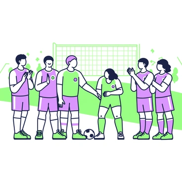 A sports team is gathered on the sidelines, surrounding a teammate who appears disappointed after making a mistake. The teammates are clapping their hands and shouting words of encouragement. One individual is leaning forward with an open smile, while another is raising their hands in a supportive gesture. The team is dressed in matching uniforms, with visible logos on their chests. In the background, a sports field is present with goalposts visible, and a few spectators can be seen in the distance.