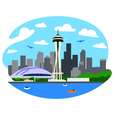 A vibrant depiction of the Seattle skyline featuring the "Space Needle" prominently located in the foreground. The skyline is filled with various modern buildings, showcasing a mix of architectural styles. Above, a "cloudy sky" with fluffy white clouds contrasts against the blue. The scene captures the essence of a bustling city, with hints of green parks peeking between the buildings. Small details like distant boats on the water and birds in the sky add to the lively atmosphere.