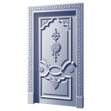 A wooden door with intricate woodwork. The surface is adorned with elaborate carvings that feature floral patterns and geometric designs. The carvings are deep and detailed, creating a three-dimensional effect. A prominent central motif captures attention, surrounded by smaller, symmetrical designs that enhance the overall composition. The door frame is also ornately decorated, complementing the craftsmanship of the door itself.