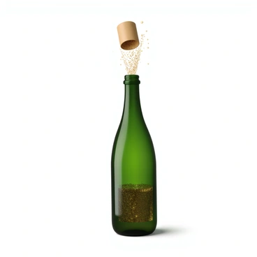 A green glass champagne bottle with a sleek design, partially filled with golden sparkling liquid. The cork is shown flying off in an upward trajectory, with a visible burst of bubbles escaping from the neck of the bottle. The surrounding area captures the moment of pressure release, with droplets of champagne sparkling in the light. The scene is dynamic and emphasizes the energy of the uncorking action.