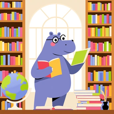 A scholarly hippopotamus wearing round glasses stands on its hind legs, browsing through books in a grand library. The library features tall wooden shelves filled with colorful books, towering all the way to the ceiling. Soft, warm lighting illuminates the space, highlighting a large globe positioned near the hippopotamus. The hippopotamus appears focused, with one paw holding a book open while the other is resting on a table cluttered with more books and a quill pen in an ink pot. A large stained-glass window behind him adds vibrant colors to the scene.