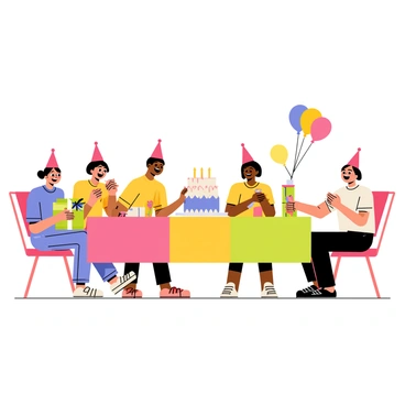 A group of five friends gathered around a large rectangular table. The table is covered with a colorful tablecloth and is adorned with a big, round birthday cake topped with candles. The friends, two females and three males, are smiling and laughing, wearing festive party hats. Brightly colored balloons are tied to the back of the chairs and float in the air above the table. One friend is holding a wrapped gift, while another is reaching for a slice of cake. The scene conveys a joyful celebration atmosphere.