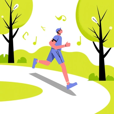 A person jogging along a winding path in a scenic park during the morning. The path is flanked by tall green trees with vibrant leaves. The sunlight filters through the branches, casting playful shadows on the ground. Birds are depicted in the trees and flying overhead, with musical notes surrounding them to represent chirping. The jogger is wearing a bright blue outfit and running shoes, with an expression of focus and energy.