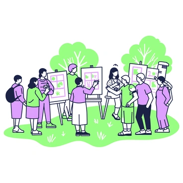 An outdoor art showcase featuring flat illustrations displayed on easels, with artists mingling with the crowd.