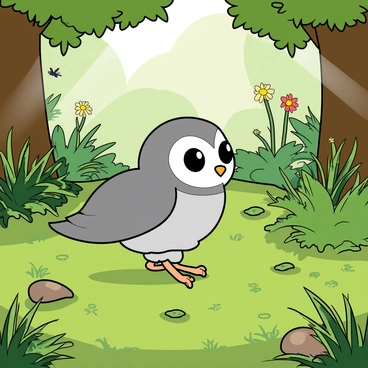 A small, fluffy baby owl with big, round eyes and soft gray feathers is perched on the forest floor. The ground is covered with a thick layer of bright green moss and various ferns, some with delicate fronds. The baby owl looks around with an inquisitive expression, its head tilted slightly to one side. Sunlight filters through the leaves overhead, creating dappled patterns on the soft moss. In the background, there are scattered colorful wildflowers peeking through the foliage. The setting is lively, with small insects buzzing nearby.