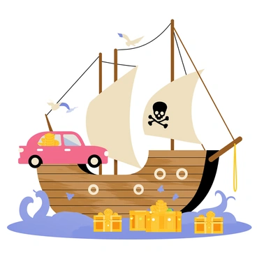 A 3D cartoon car with bright colors and exaggerated features is positioned on the deck of a pirate ship. The pirate ship has large, billowing sails displaying a skull and crossbones emblem. Several treasure chests overflowing with gold coins and sparkling jewels are scattered across the wooden deck. The ship has a rustic, weathered look, with a sturdy mast and ropes hanging down. The scene is lively, with seagulls flying overhead and waves gently rocking the ship.
