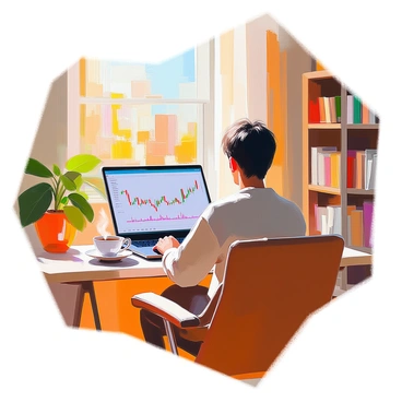 A person sitting at a desk in a cozy home office, focused on trading Forex. The individual has medium skin and short black hair, wearing a casual sweater. On the desk, there is a laptop displaying currency charts and graphs, alongside a steaming cup of coffee. A comfortable chair is positioned in front of the desk. The room is warmly lit, with plants in the background and a bookshelf filled with books and decorative items. A window shows a glimpse of a sunny day outside, enhancing the inviting atmosphere.