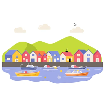 A quaint fishing village with colorful, wooden houses lining the shore. The village features a calm harbor filled with small boats gently bobbing on the water. The boats are painted in various shades of blue, red, and yellow, with fishing nets and buoys scattered around them. In the background, lush green hills rise behind the village, while seagulls fly above the harbor. The sky is clear with a few fluffy white clouds, creating a peaceful atmosphere.