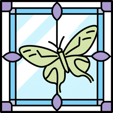 A stained glass window with a large "luna moth" design at the center. The moth is depicted with broad, pale green wings adorned with subtle yellow markings. The wings are intricately detailed, capturing the delicate texture and patterns. Surrounding the moth are geometric shapes and borders in shades of blue and purple glass, creating a vibrant contrast. Light shines through the glass, illuminating the design and casting colorful reflections on the surrounding surface.