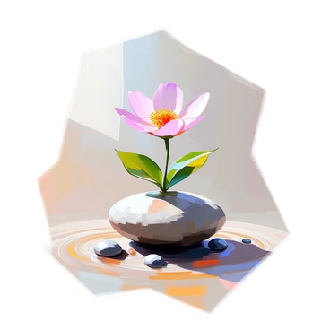 A single delicate flower with vibrant petals is blooming atop a smooth, gray stone in a zen garden. The flower, a soft shade of pink, contrasts beautifully with the muted colors of the stone. Surrounding the stone, the carefully raked sand creates intricate patterns that enhance the tranquility of the scene. Small pebbles are scattered around the base of the flower, adding texture to the serene environment. A gentle breeze causes the petals to sway slightly, emphasizing the beauty of this solitary bloom.