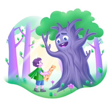 A young adventurer stands in the middle of a vibrant enchanted forest, surrounded by tall, whimsical trees with colorful foliage. The adventurer, wearing a green cloak, looks up at a large, ancient tree with a friendly face and expressive eyes. The talking tree has a wide, gnarled trunk and branches that seem to gesture as it speaks. Sunlight filters through the leaves, creating dappled patterns on the forest floor, which is adorned with blooming flowers and soft moss. The adventurer holds a map in one hand, looking curious and eager for guidance.