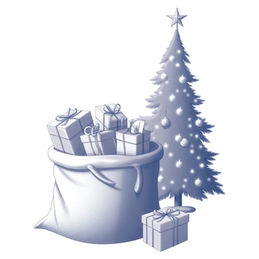 A sack filled with holiday gifts sits on the floor beneath a decorated Christmas tree. The sack is overflowing with various presents, some wrapped in shiny paper and topped with ribbons. The Christmas tree is adorned with numerous ornaments, twinkling lights, and a star at the top. The scene conveys a festive atmosphere with the gifts waiting to be opened.