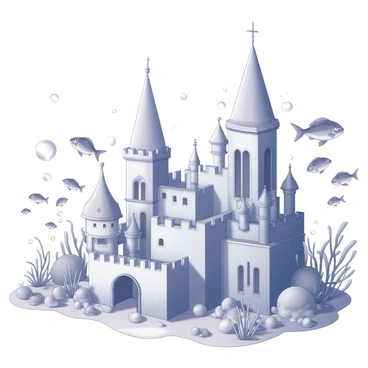 An underwater kingdom with intricately designed coral palaces. The palaces have elaborate structures resembling towers and arches made of coral formations. Surrounding the palaces, schools of fish swim in coordinated patterns, showcasing their diverse shapes and sizes. The fish exhibit distinct features, with some having elongated bodies and others being more spherical. Various types of sea plants sway gently in the underwater currents, adding texture to the scene. Bubbles rise from the ocean floor, creating a dynamic aspect to the tranquil underwater environment.
